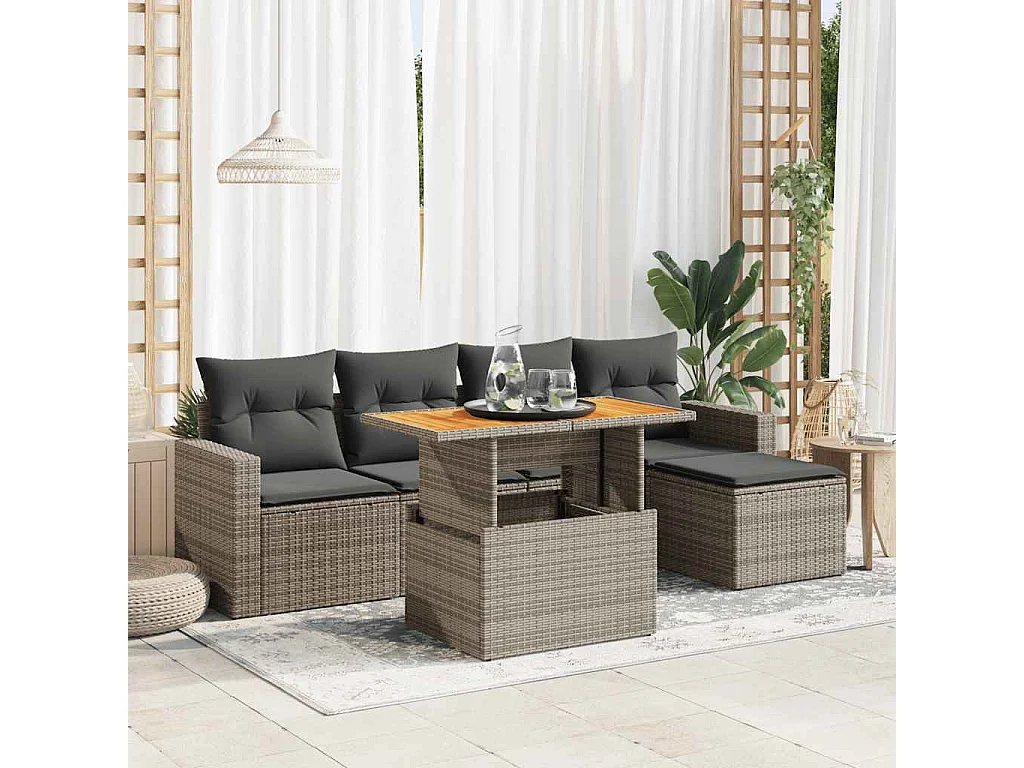 Set de muebles de jardín 6 piezas y cojines ratán sintético gris