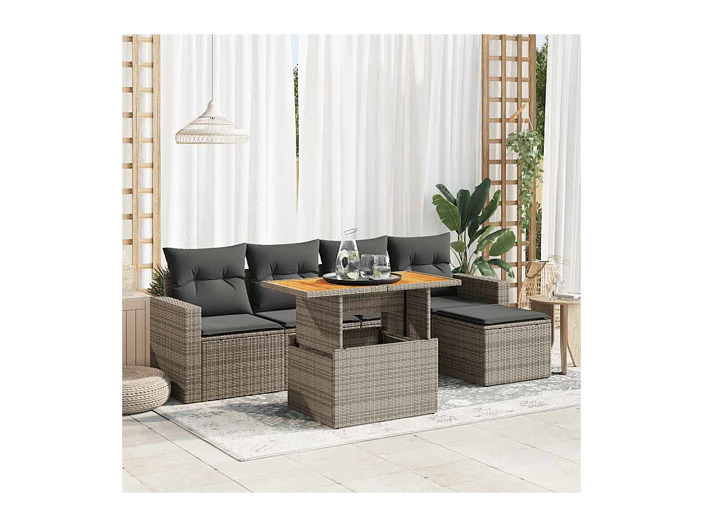 6-delige Loungeset met kussens poly rattan grijs