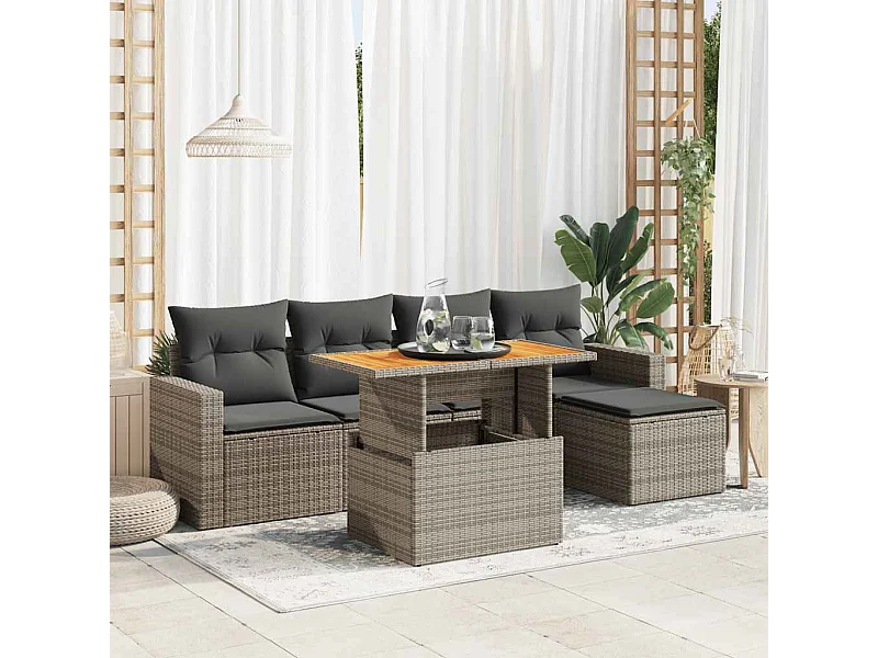 Salon de jardin 6 pièces avec coussins gris résine tressée