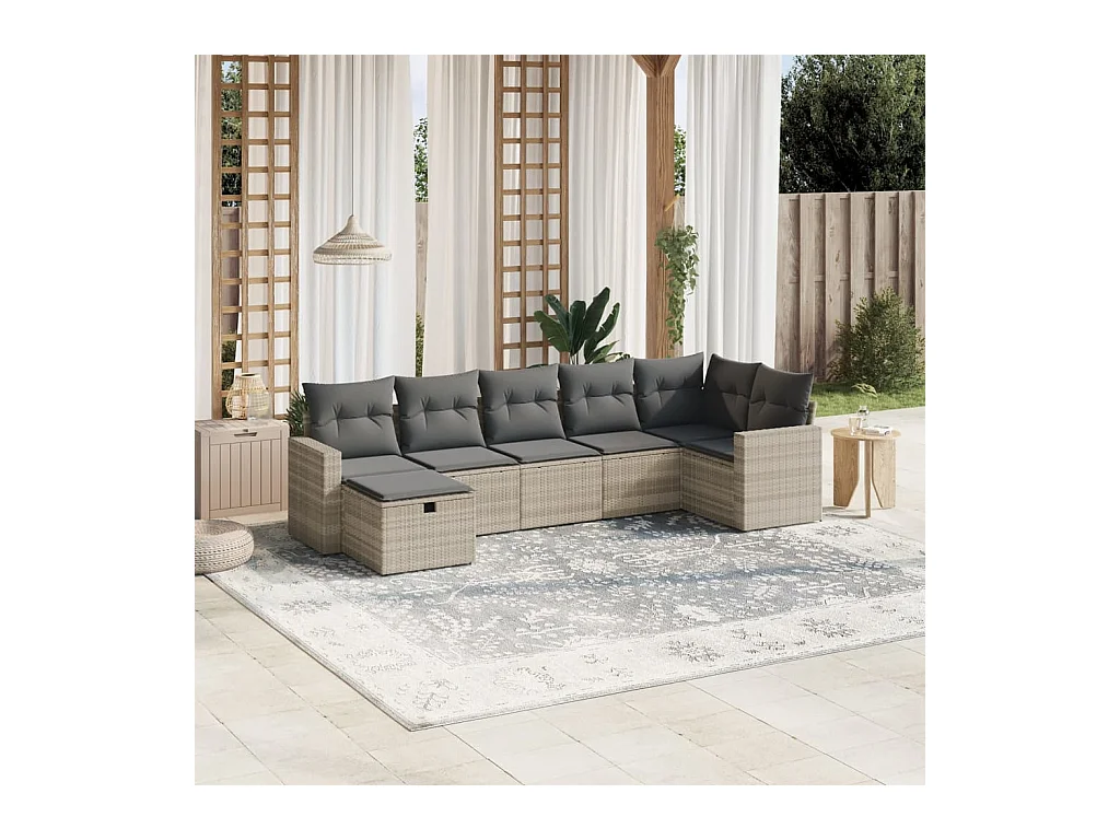 7-delige Loungeset met kussens poly rattan lichtgrijs