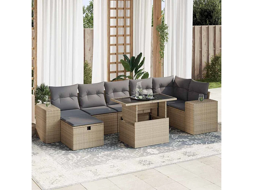 5-delige Loungeset met kussens poly rattan beige