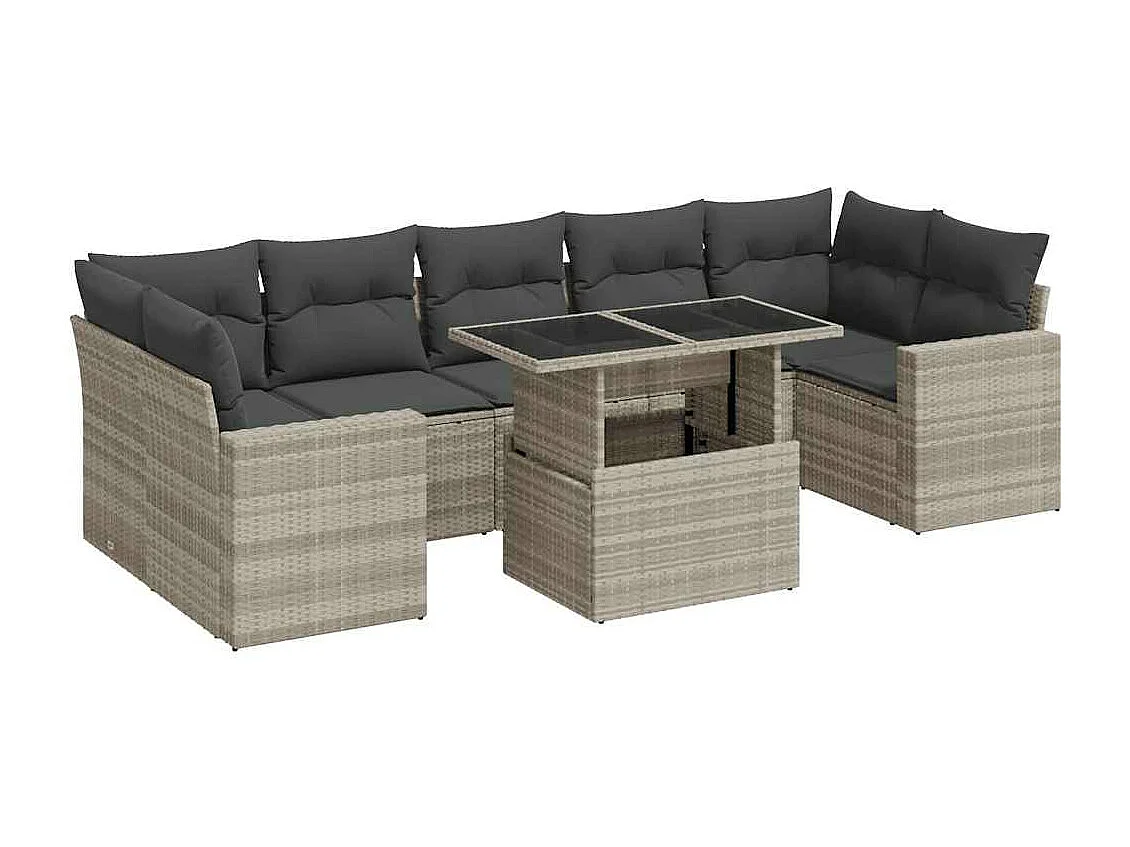 Set de sofás de jardín 8 piezas y cojines ratán sintético gris