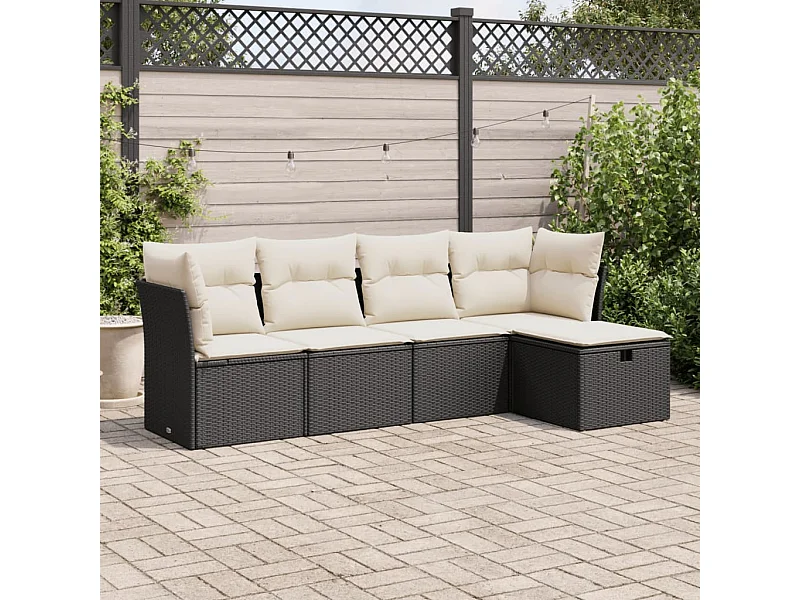 5 peças conjunto sofás de jardim com almofadões vime PE preto