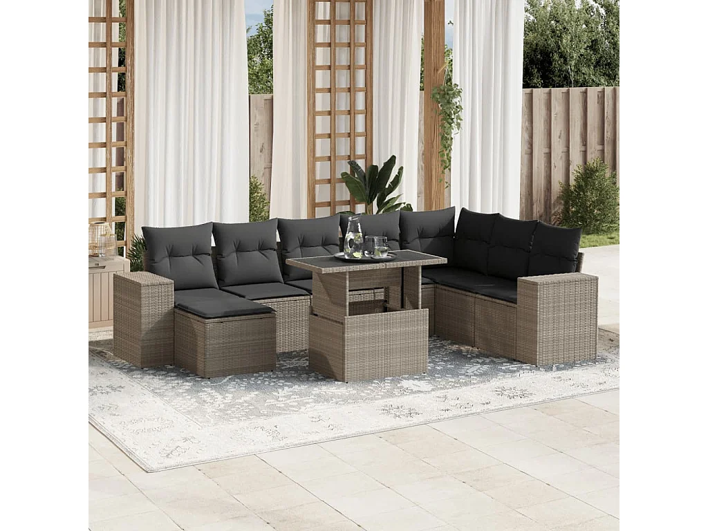 9 peças conj. sofás jardim com almofadões vime PE cinzento-claro