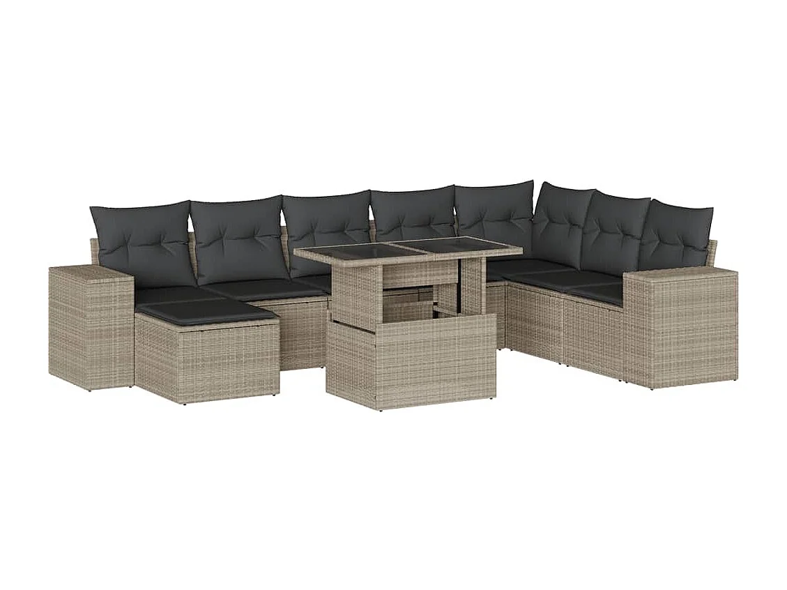 Salon de jardin 9 pièces avec coussins gris clair résine tressée