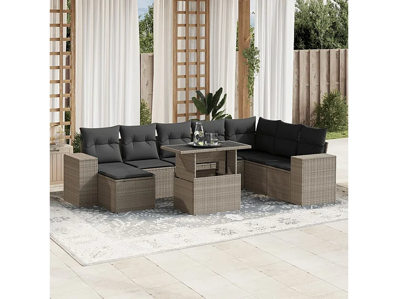 Salon de jardin 9 pièces avec coussins gris clair résine tressée