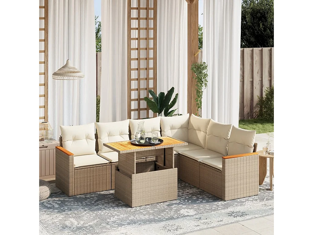 7-delige Loungeset met kussens poly rattan beige