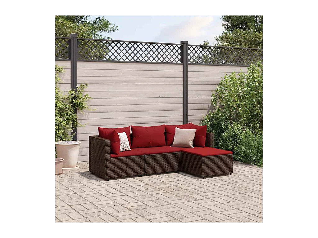 4 peças conjunto lounge jardim com almofadões vime PE castanho