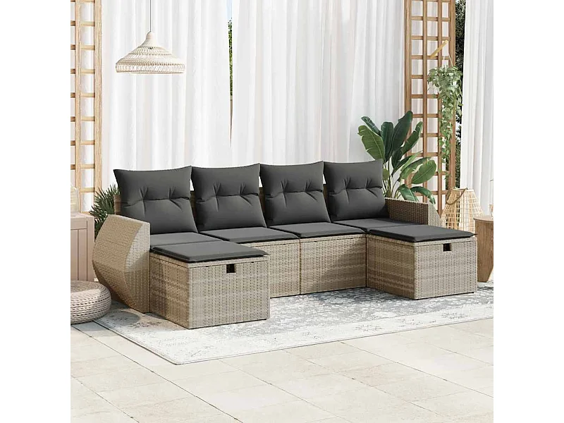 Salon de jardin 6 pièces avec coussins gris clair résine tressée