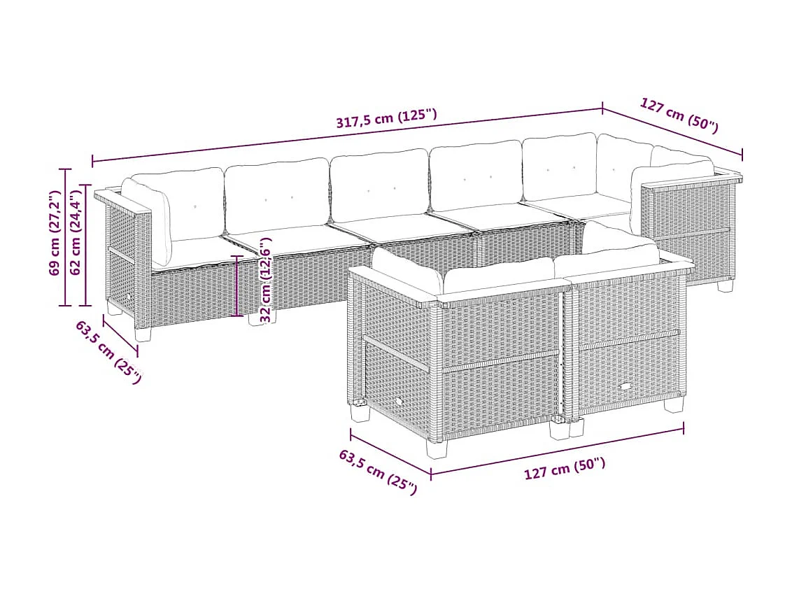 Salon de jardin 8 pièces avec coussins noir résine tressée