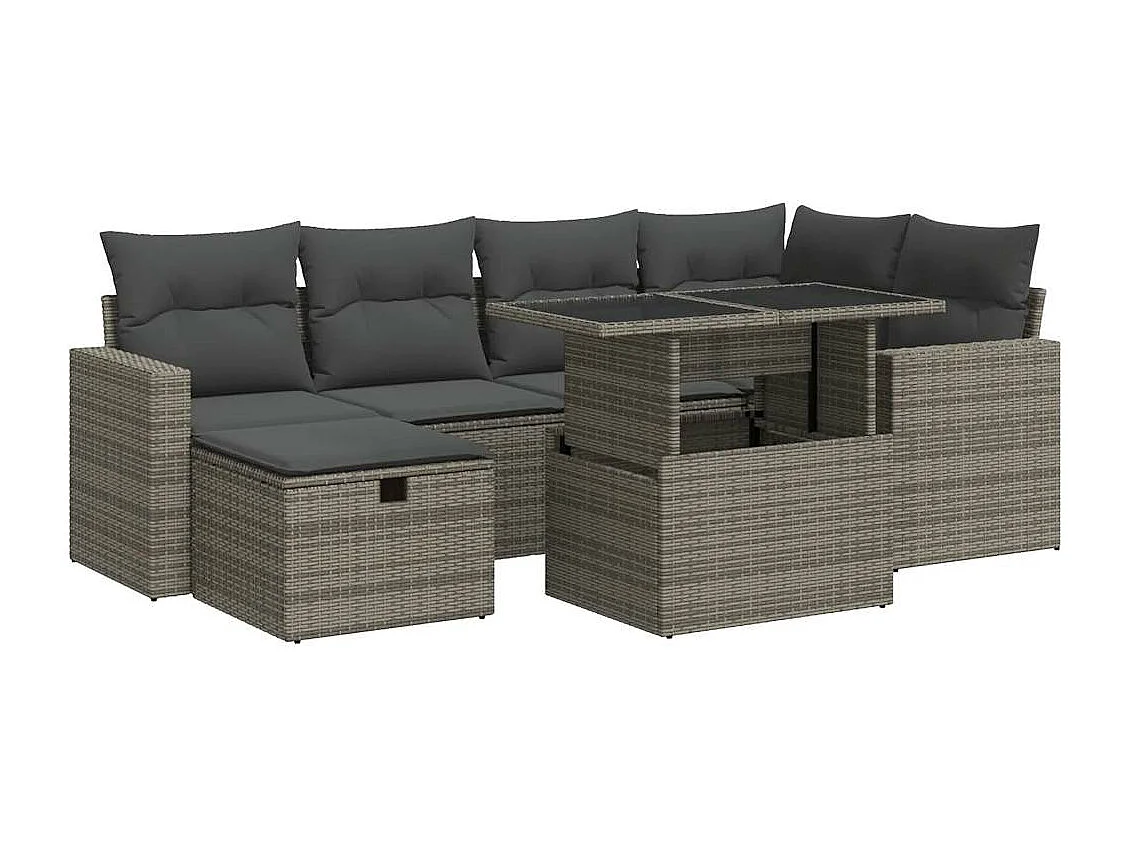 Set de sofás de jardín 7 piezas con cojines ratán sintético gris