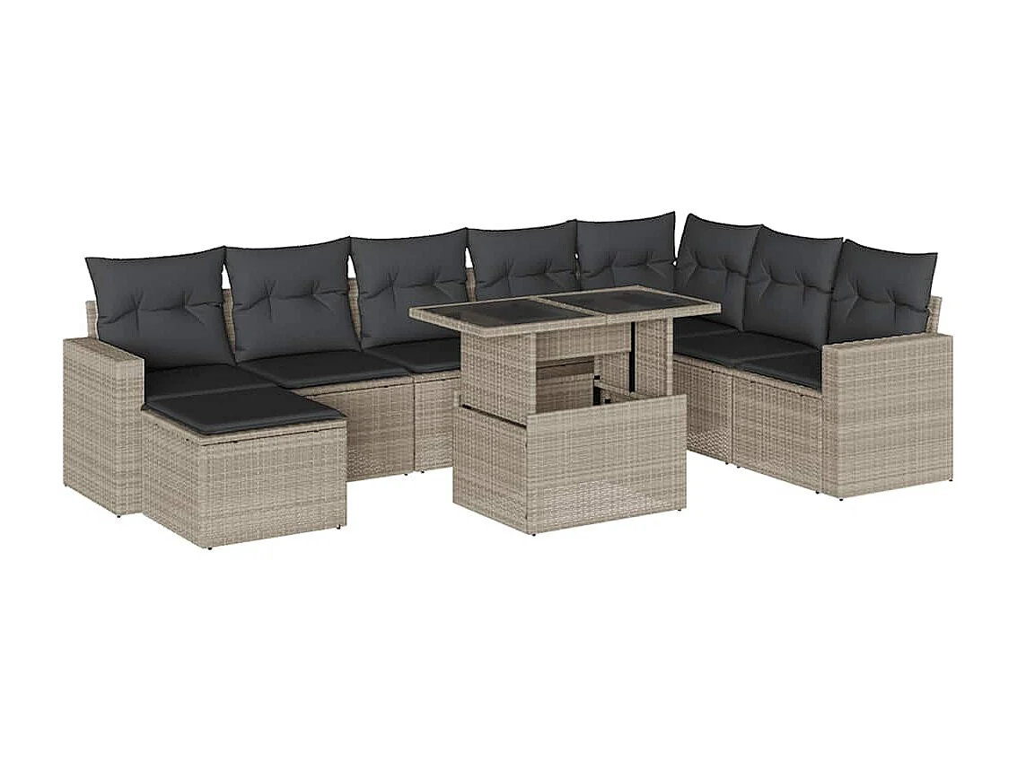 9-delige Loungeset met kussens poly rattan lichtgrijs