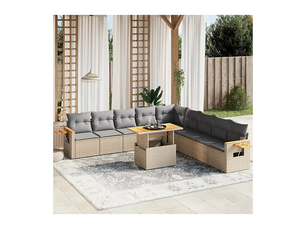 Salon de jardin 11 pièces avec coussins beige résine tressée