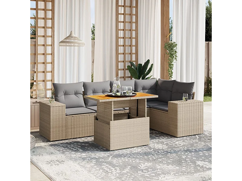 Salon de jardin avec coussins 6 pièces beige résine tressée