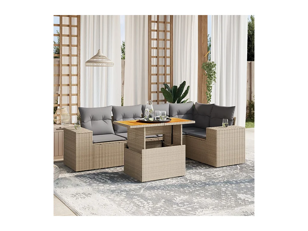 6-delige Loungeset met kussens poly rattan beige