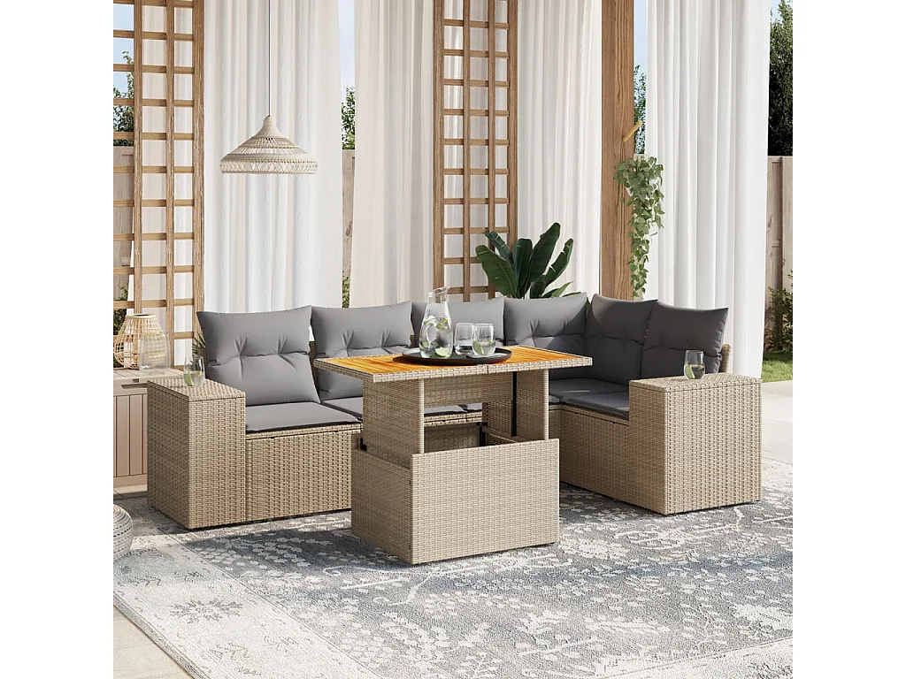 6 peças conjunto de sofás para jardim com almofadões vime PE bege