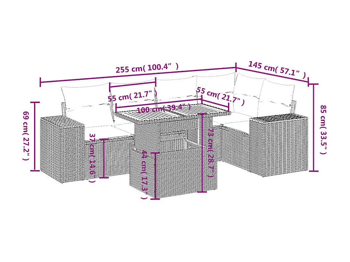 6 peças conjunto de sofás para jardim com almofadões vime PE bege