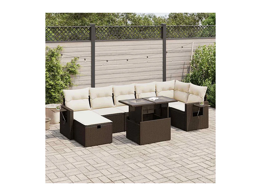 Salon de jardin 8 pièces avec coussins marron résine tressée