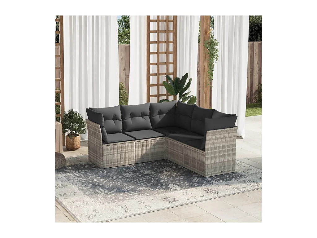 Salon de jardin 5 pièces avec coussins gris clair résine tressée