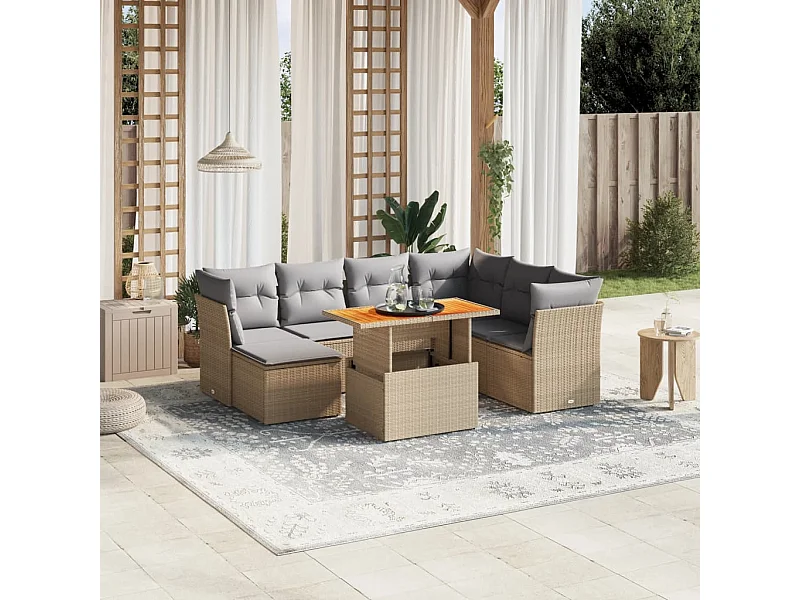 Salon de jardin avec coussins 8 pièces beige résine tressée