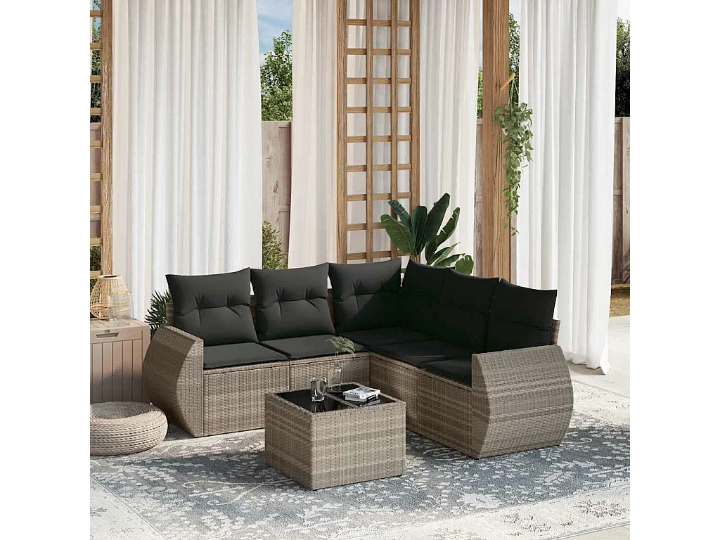 Set de sofás de jardín 6 piezas y cojines ratán sintético gris