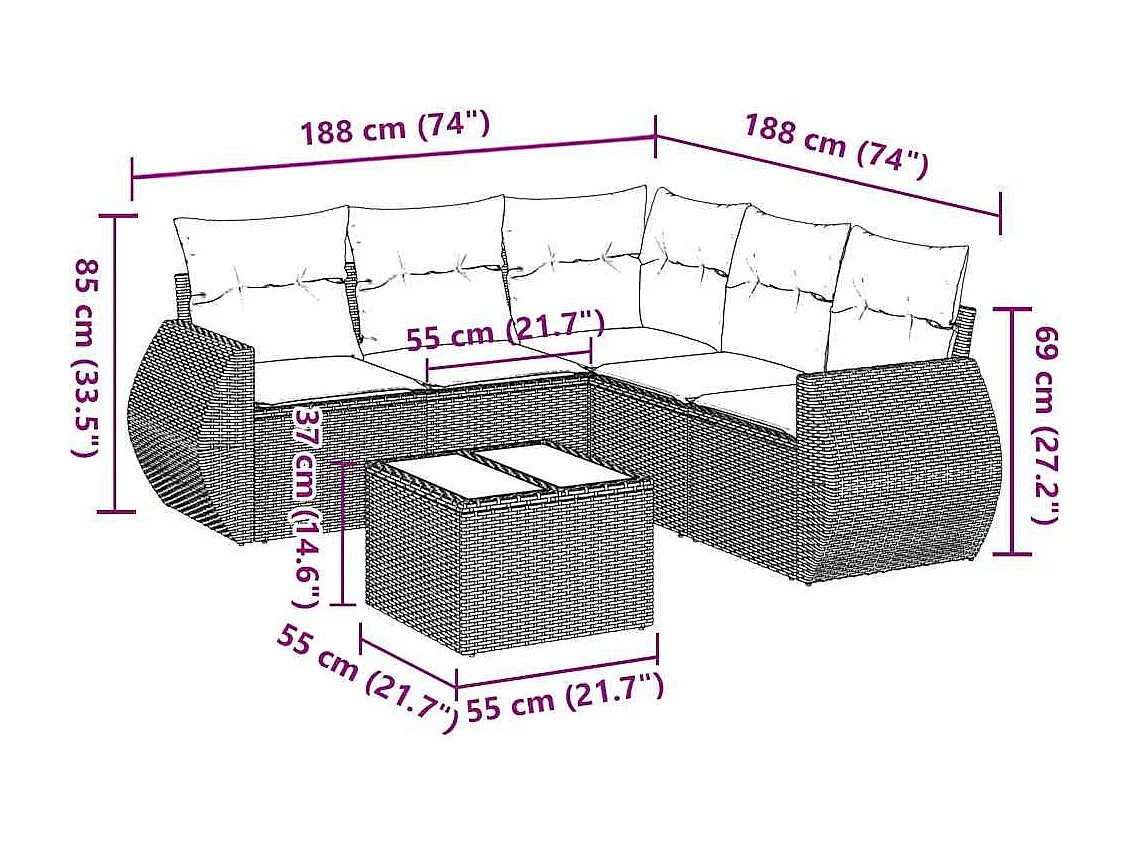 Set de sofás de jardín 6 piezas y cojines ratán sintético gris