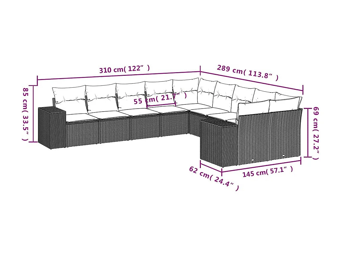 10 peças conj. sofás jardim com almofadões vime PE cinzento-claro