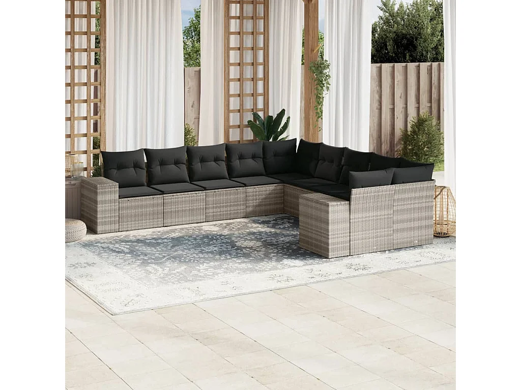 Salon de jardin avec coussins 10 pièces gris clair résine tressée