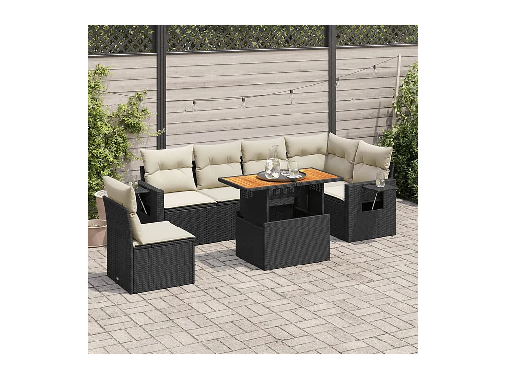 7-delige Loungeset met kussens poly rattan zwart