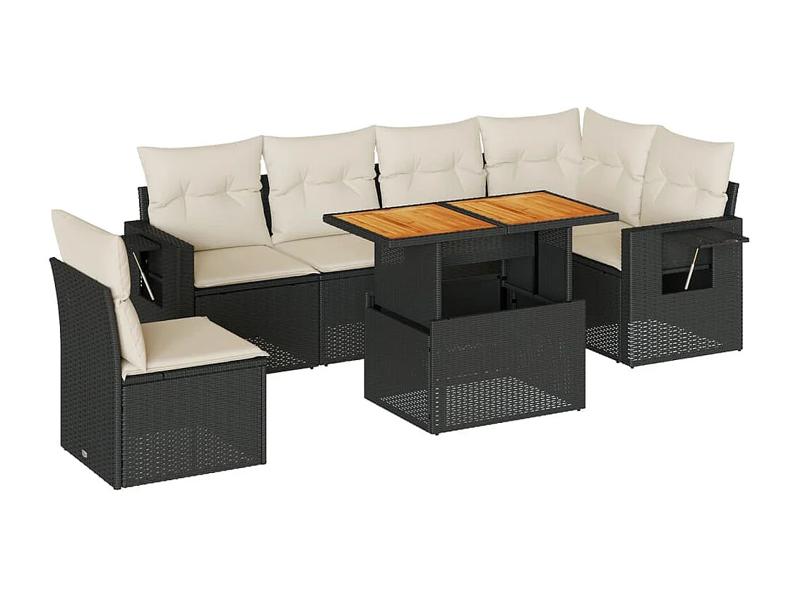 7 peças conjunto de sofás para jardim com almofadões vime PE preto