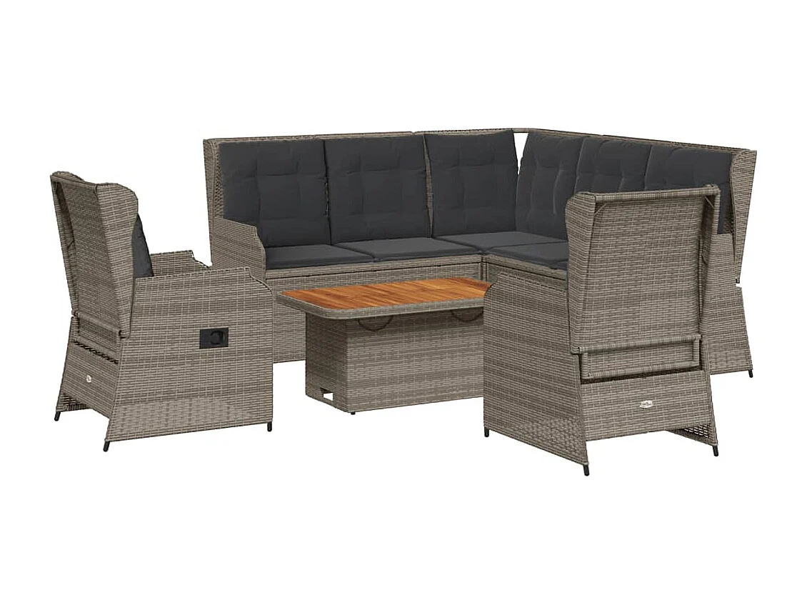 Set de muebles de jardín 6 piezas y cojines ratán sintético gris