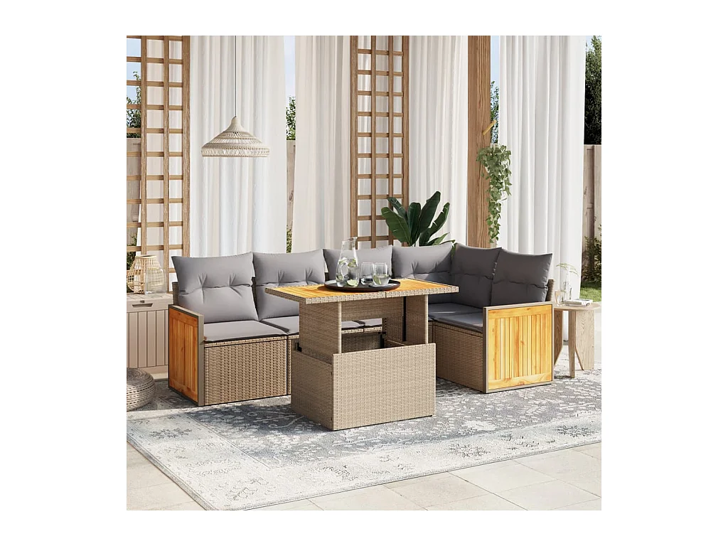 Salon de jardin avec coussins 6 pièces beige résine tressée