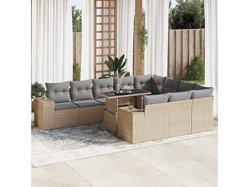Salon de jardin 11 pièces avec coussins beige résine tressée
