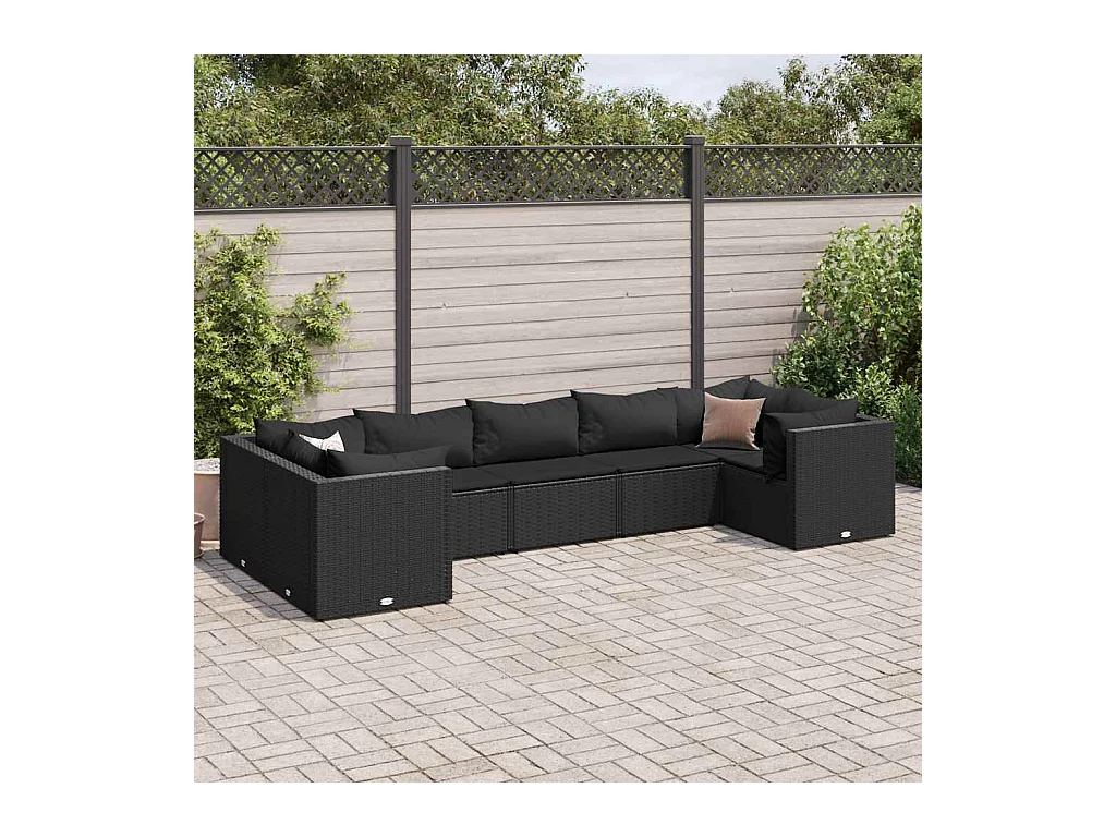 Salon de jardin 7 pièces avec coussins Noir Résine tressée
