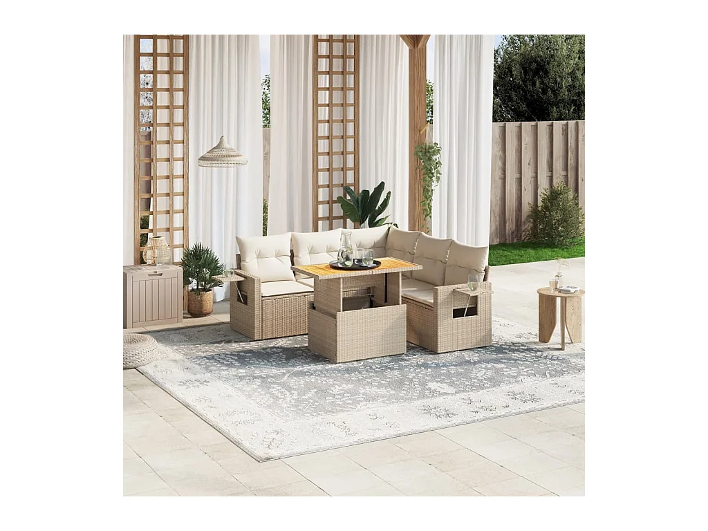 Salon de jardin avec coussins 6 pièces beige résine tressée