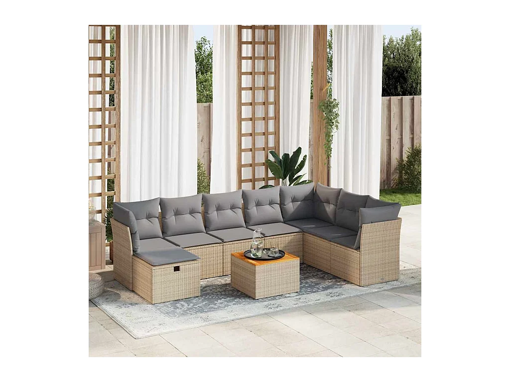 9 peças conjunto de sofás para jardim com almofadões vime PE bege