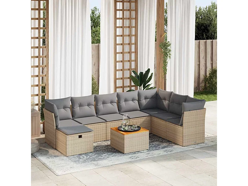 9-delige Loungeset met kussens poly rattan beige