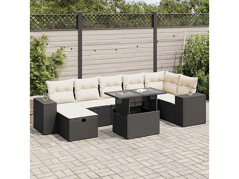 5-delige Loungeset met kussens poly rattan zwart