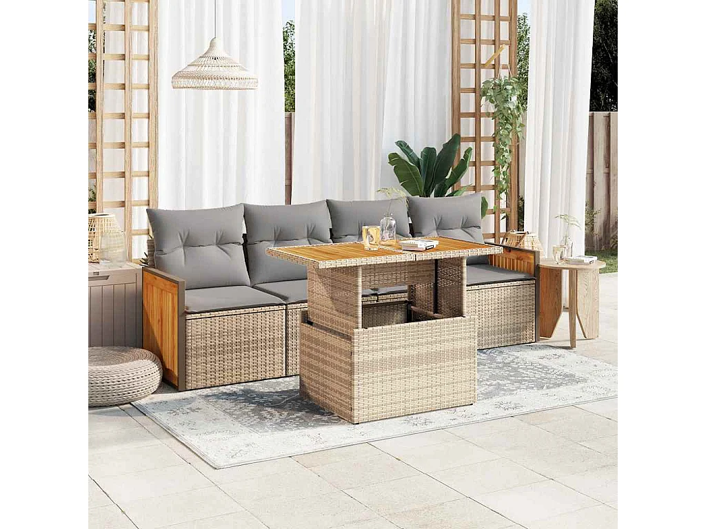 5-delige Loungeset met kussens poly rattan en acaciahout beige