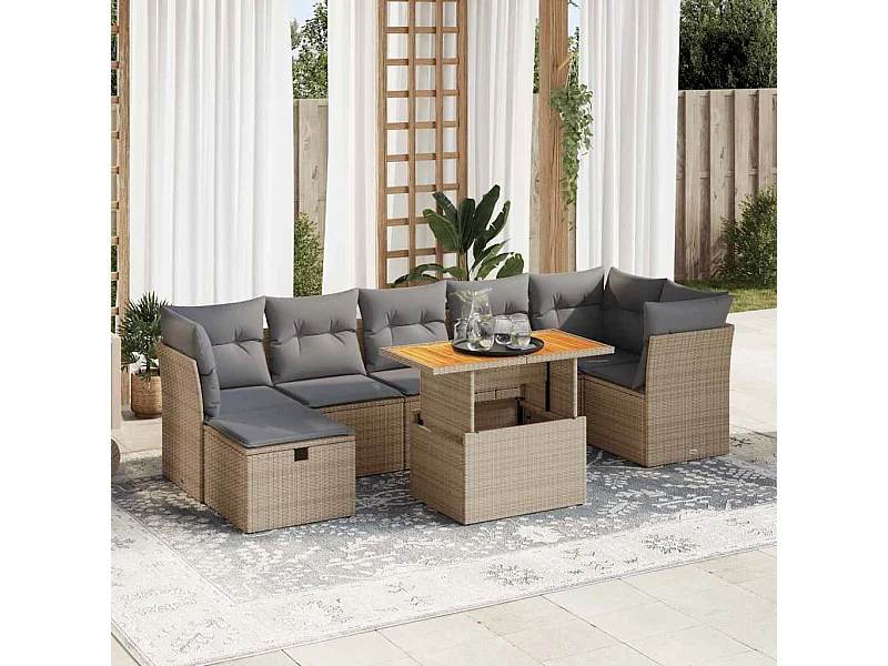 Salon de jardin avec coussins 8 pièces beige résine tressée acacia