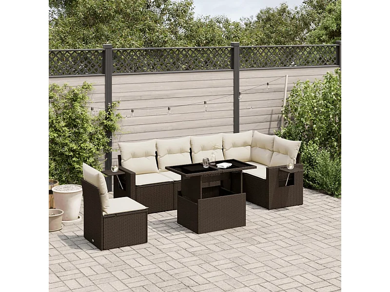7-delige Loungeset met kussens poly rattan bruin
