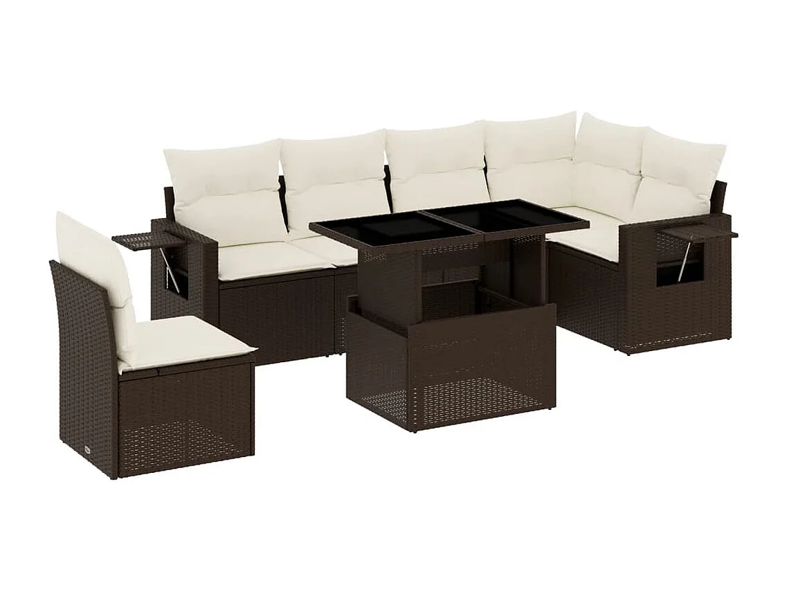7-delige Loungeset met kussens poly rattan bruin