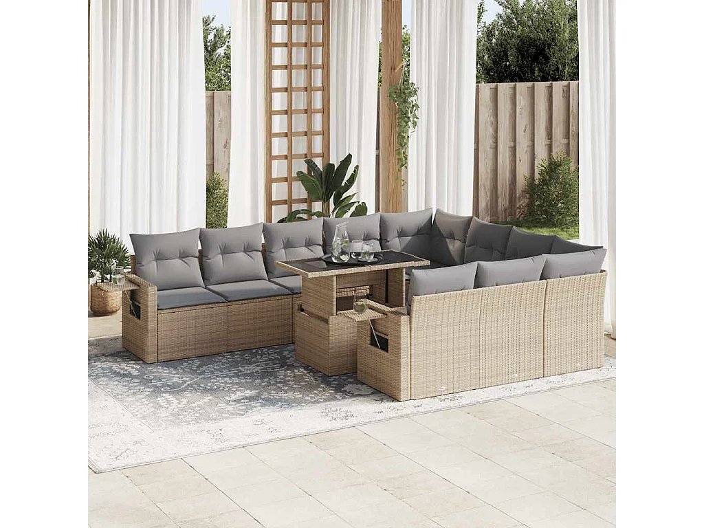 Salon de jardin 11 pièces avec coussins beige résine tressée