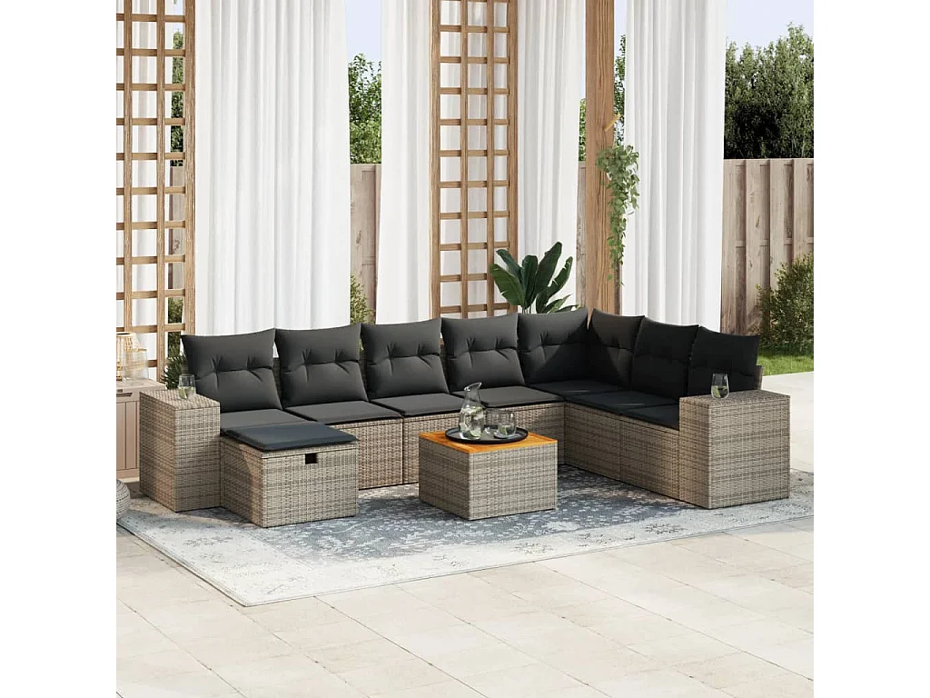 Salon de jardin 9 pièces avec coussins gris résine tressée
