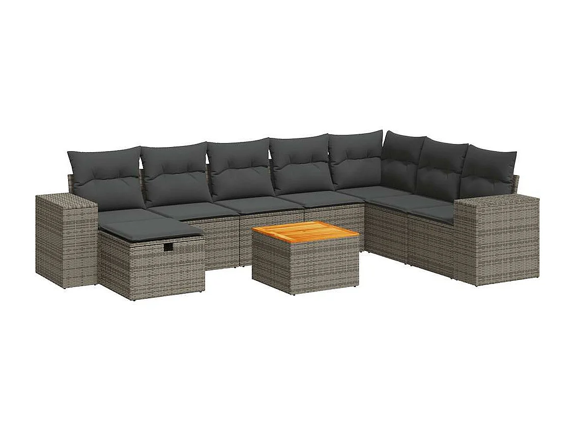 Salon de jardin 9 pièces avec coussins gris résine tressée