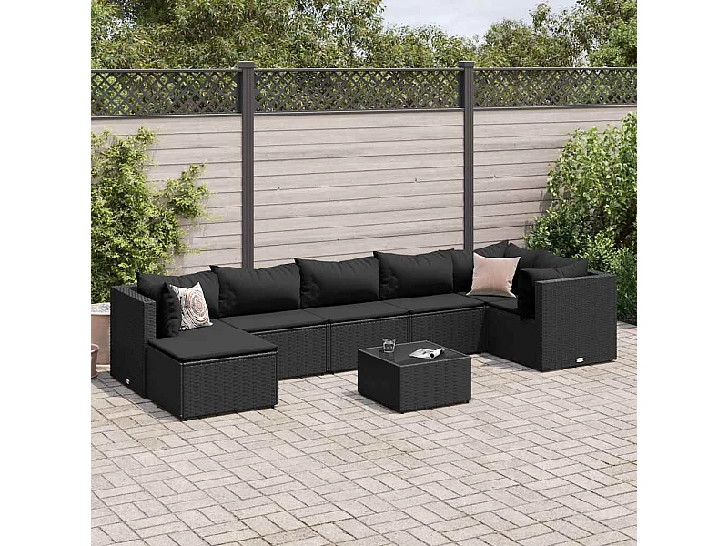 Set de muebles de jardín 8 piezas y cojines ratán sintético negro