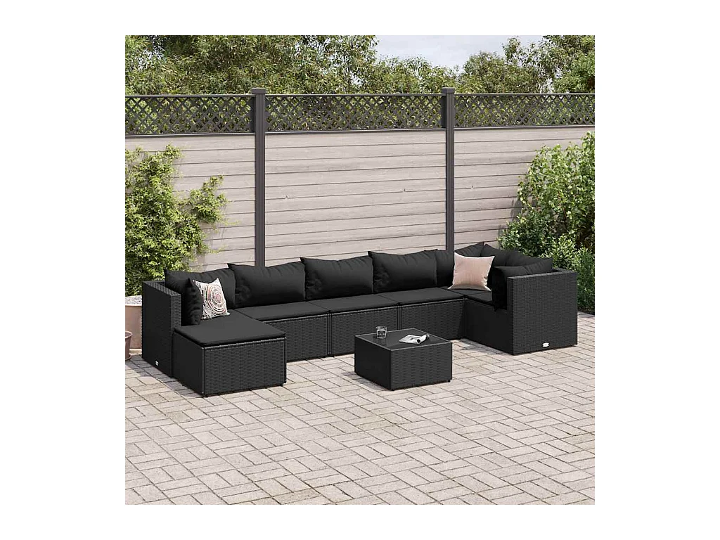 Salon de jardin 8 pièces avec coussins noir résine tressée