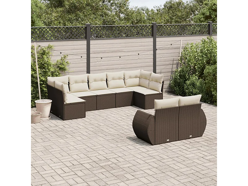 9-delige Loungeset met kussens poly rattan bruin