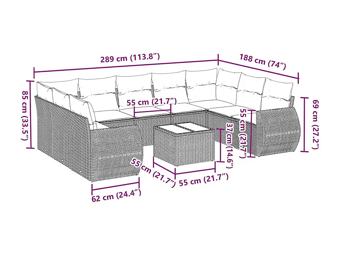 Salon de jardin avec coussins 10 pièces gris clair résine tressée