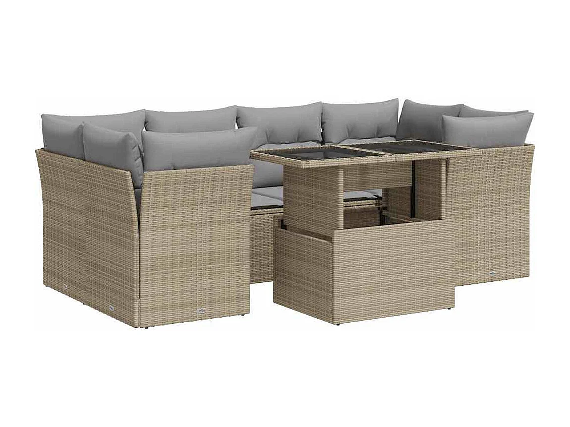 7-delige Loungeset met kussens poly rattan beige